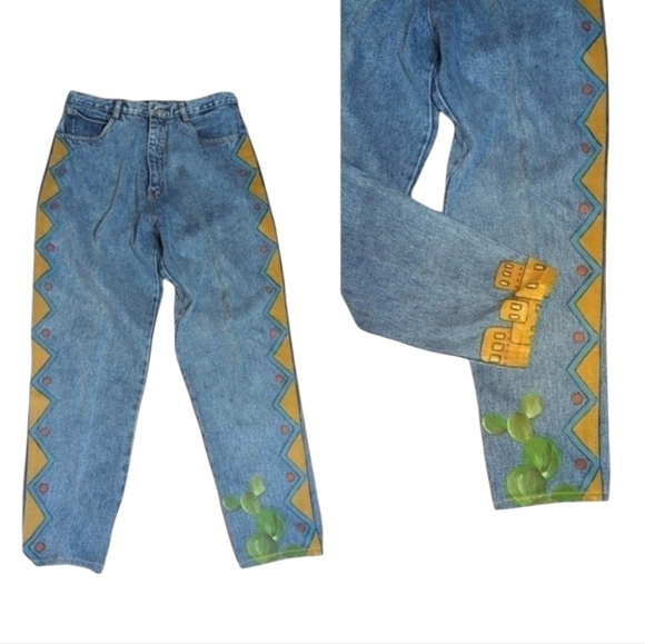 Vtg Designer jeans southwest hand painted Artsy denim tapered stonewash W32 - Picture 8 of 10